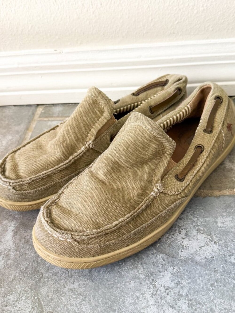 Margaritaville Cayman Boat Shoes Mens 9 Tan Canvas Slip On Casual